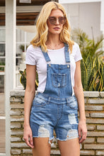 Load image into Gallery viewer, Light Blue Distressed Denim Short Overalls

