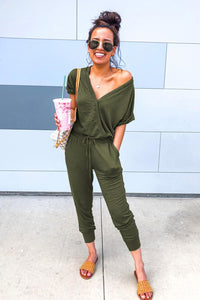 Army Green V Neck Wrap Front Jumpsuits