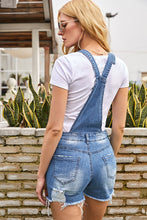 Load image into Gallery viewer, Light Blue Distressed Denim Short Overalls
